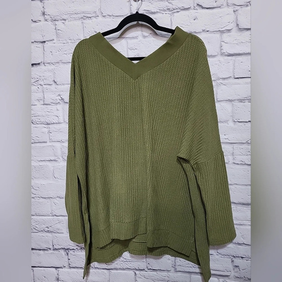 NWT‎ ANRABESS Women's XL WAFFLE KNIT V NECK SWEATER Olive Green 3/4 Sleeve - Picture 1 of 8
